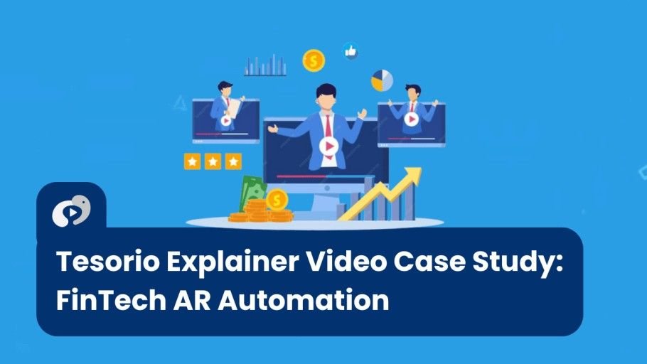 A FinTech case study graphic for Tesorio, illustrating the success of an AR automation explainer video with symbols of financial data, positive ratings, and ROI growth