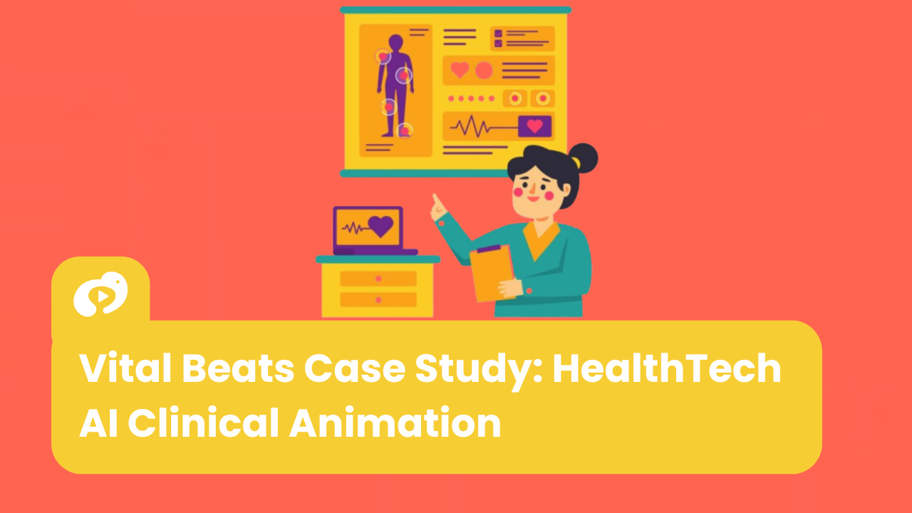 HealthTech AI case study for Vital Beats, showcasing a clinical animation style with an illustration of a medical expert reviewing patient data on a bright orange background.