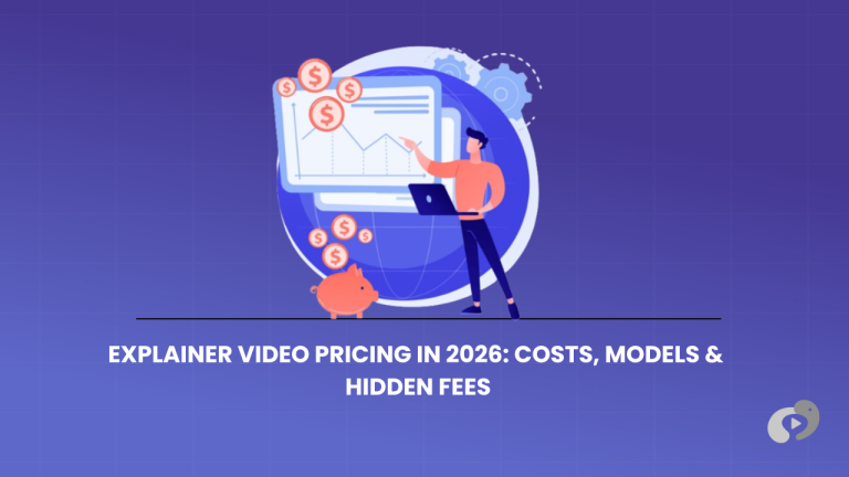 Illustration of a professional analyzing video production costs and financial data charts against a purple grid background.