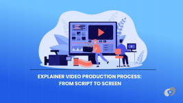 A blue-themed graphic explaining the end-to-end explainer video production process, showing the technical and creative steps of editing and post-production
