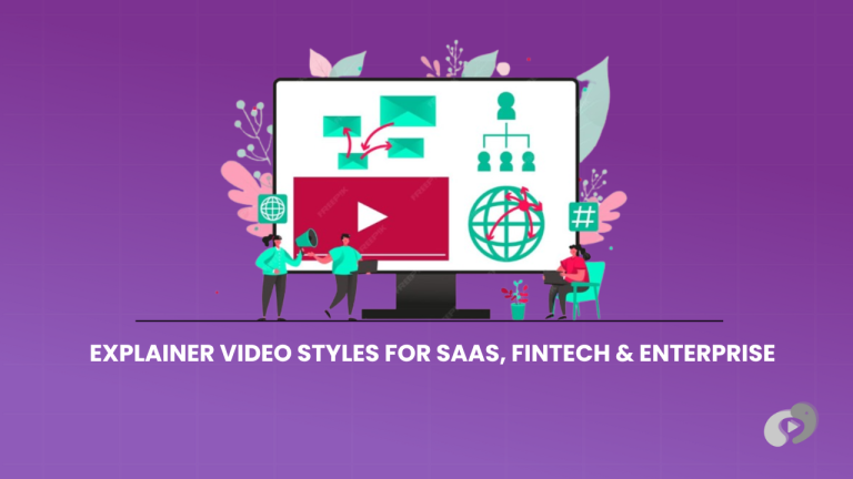 A purple-themed graphic highlighting video marketing styles for SaaS and Fintech, showing a digital monitor surrounded by floral accents and icons representing corporate communication and data.