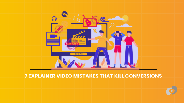 An educational graphic about common explainer video production errors, showing a team struggling with failed creative elements on a bright yellow background.