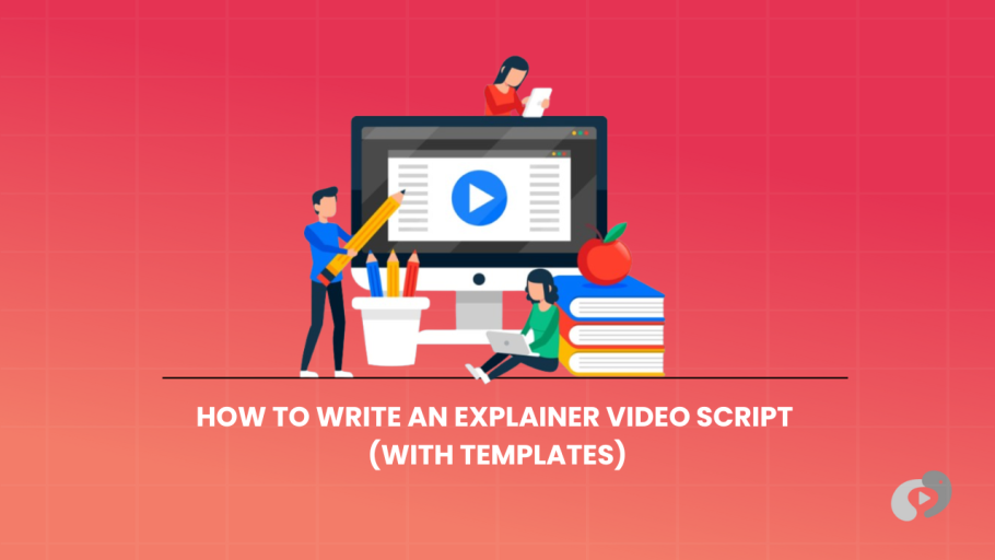 A red-themed educational graphic about script writing for explainer videos, showing characters using various writing and research tools to create content.