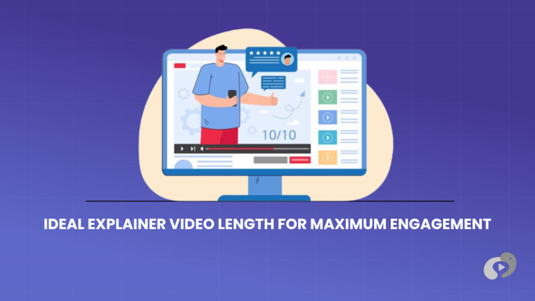 A purple-themed graphic about optimizing explainer video length, showing an illustrated video player with positive engagement metrics and a playlist sidebar.