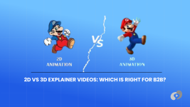 Visual comparison of 2D vs 3D animation styles for B2B marketing, using a Mario-like character to demonstrate the difference between traditional flat animation and modern 3D rendering.