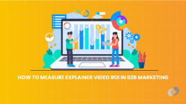 A bright yellow graphic showing a man and woman tracking performance metrics on a computer screen to determine the return on investment for B2B video marketing.