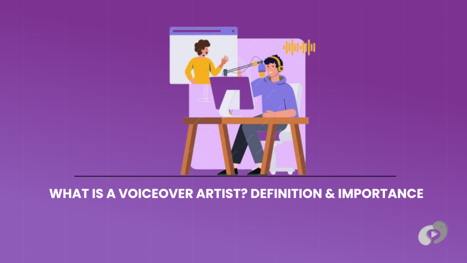 An educational graphic about voiceover artists in video production, showing a person recording professional narration in a home studio against a purple grid background.