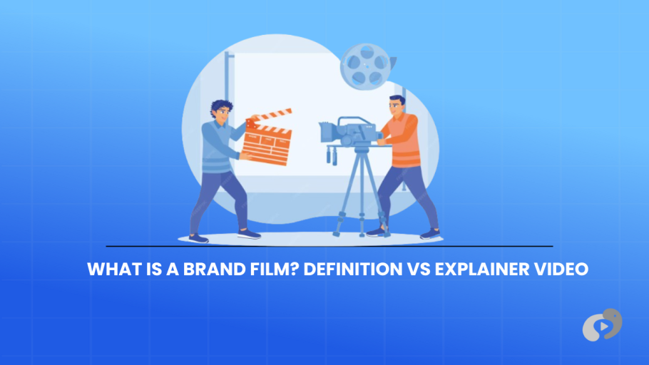 An educational graphic comparing brand films to explainer videos, illustrated with a live-action film production scene on a blue grid background.