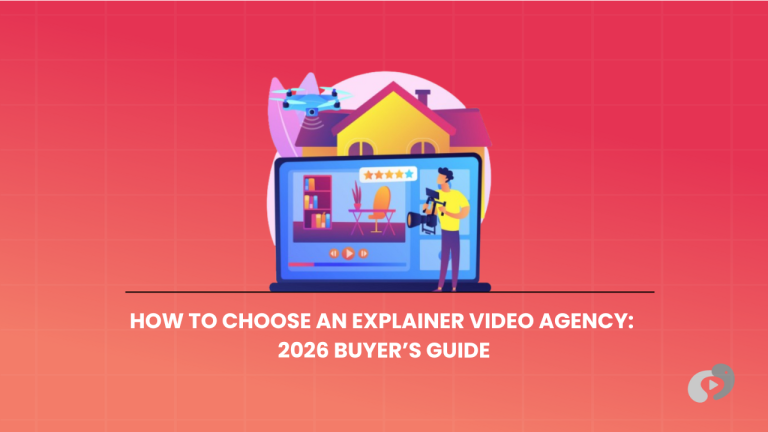 An informative graphic about selecting the right explainer video agency for industries like real estate, highlighting professional production tools like high-end cameras.