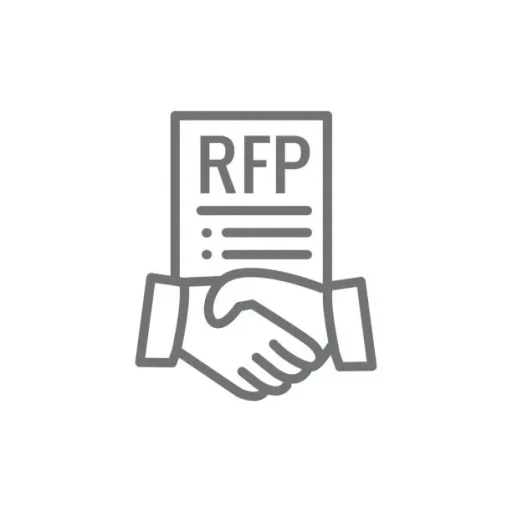 RFP document icon with a handshake symbol representing a request for proposal and vendor partnership agreement