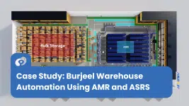 Warehouse automation case study showing Burjeel’s facility layout with bulk storage zones, ASRS system, AMR material movement, and integrated automated workflows across the warehouse