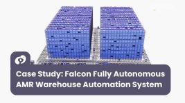 Warehouse automation case study showing Falcon’s fully autonomous AMR system operating within a high-density storage environment with coordinated material movement and automated workflows