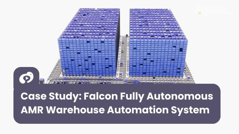 Warehouse automation case study showing Falcon’s fully autonomous AMR system operating within a high-density storage environment with coordinated material movement and automated workflows