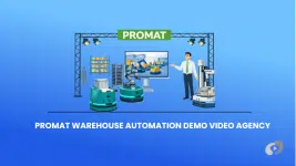 ProMat booth demo with warehouse automation robots and product demo screen