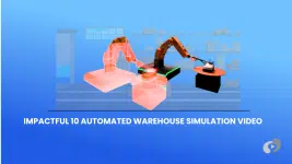 Automated warehouse simulation with robotic arms modeling material flow and processes